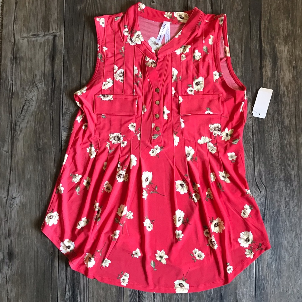 Coral FRENCH TWIST Flowered Sleeveless Blouse